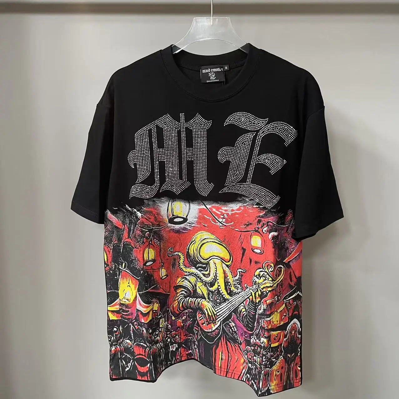 2025 Mixed Emotion Letter Rhinestone Short Sleeve Men Tshirts Streetwear Cotton Loose Crew Neck Top Tees Oversized
