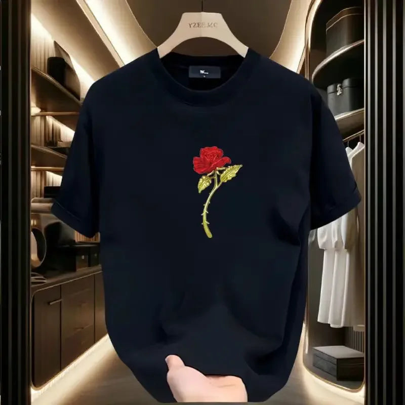 New Pure Cotton Short-sleeved Men's Versatile Printed Rose Base Shirt T Couple's High-end Top
