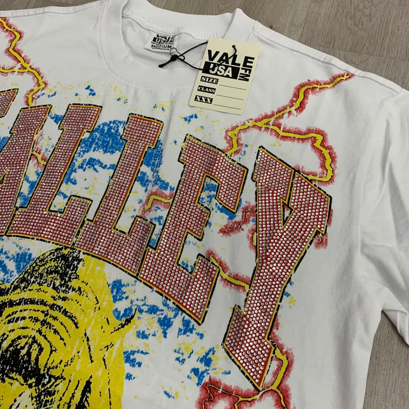 25SS Summer New VALLEY T-shirt Hip Hop Rock Singer Portrait Print Hot Drill Letter Retro Short Sleeve Vale Top Tee Men Women