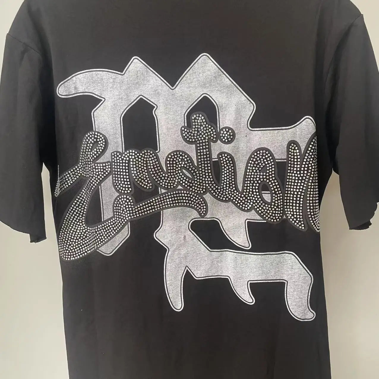 2025 Mixed Emotion Letter Rhinestone Short Sleeve Men Tshirts Streetwear Cotton Loose Crew Neck Top Tees Oversized