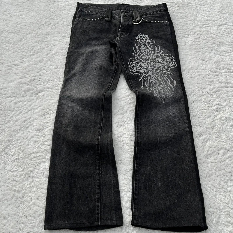 Y2K Black Washed Denim Pants Vintage Cross Leather Detail Micro Flared Jeans Punk High Street Western Cowboy Unisex Streetwear