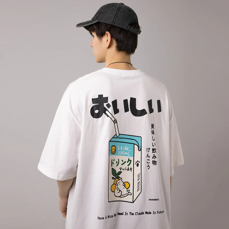 Hip Hop Tshirt 2025 Men Japanese Kanji Letter Drink Print Embroidery T Shirt Streetwear Harajuku Summer Short Sleeve T-Shirt