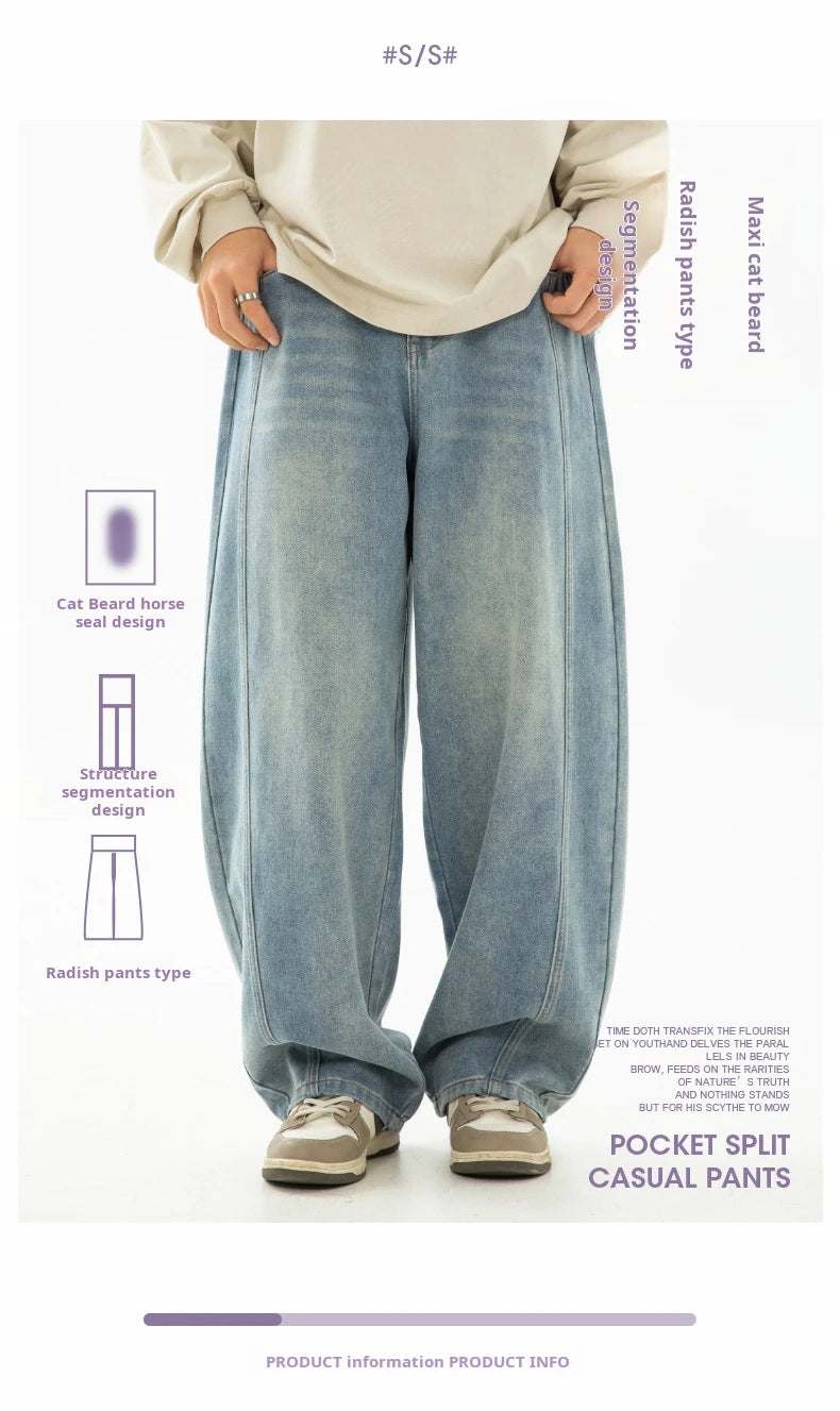 HANLU 2025 Spring New! Men's Retro Washed Oversized Jeans, Split Structure Curved Trousers from Trendy Brand, Loose and Stylish