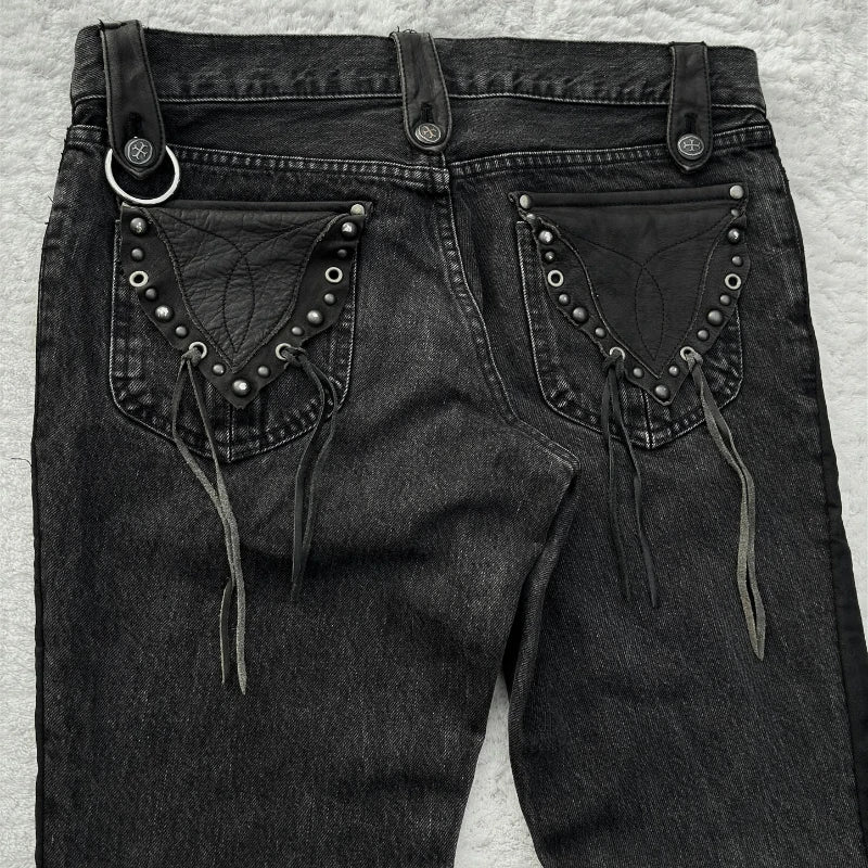 Y2K Black Washed Denim Pants Vintage Cross Leather Detail Micro Flared Jeans Punk High Street Western Cowboy Unisex Streetwear