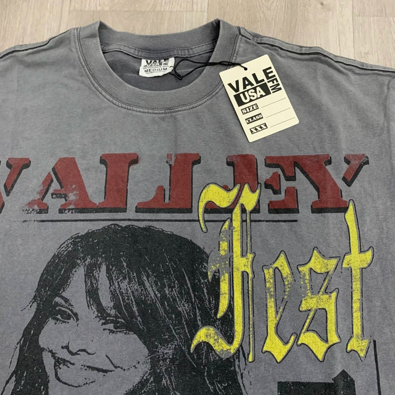 25SS Summer New VALLEY T-shirt Hip Hop Rock Singer Portrait Print Hot Drill Letter Retro Short Sleeve Vale Top Tee Men Women