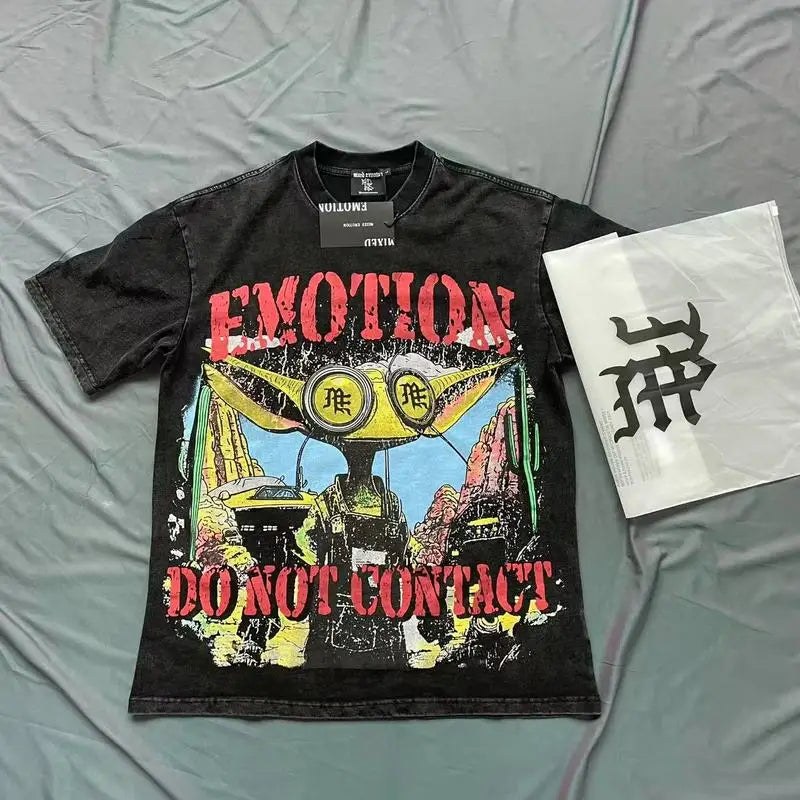 2025 Mixed Emotion Letter Rhinestone Short Sleeve Men Tshirts Streetwear Cotton Loose Crew Neck Top Tees Oversized