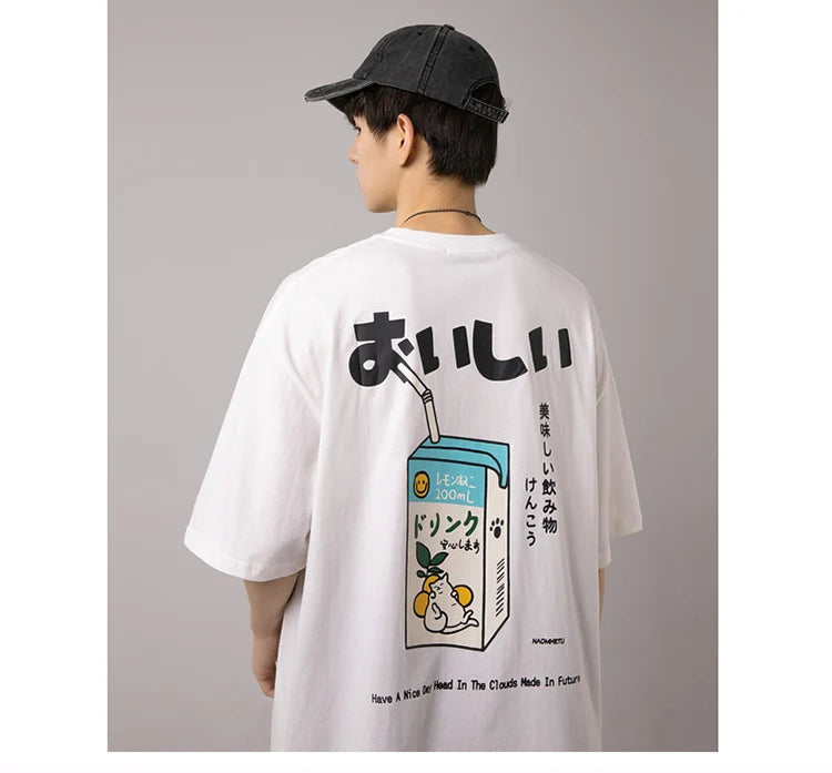 Hip Hop Tshirt 2025 Men Japanese Kanji Letter Drink Print Embroidery T Shirt Streetwear Harajuku Summer Short Sleeve T-Shirt