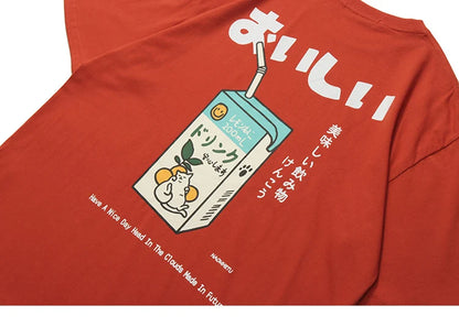 Hip Hop Tshirt 2025 Men Japanese Kanji Letter Drink Print Embroidery T Shirt Streetwear Harajuku Summer Short Sleeve T-Shirt