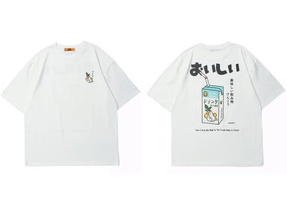 Hip Hop Tshirt 2025 Men Japanese Kanji Letter Drink Print Embroidery T Shirt Streetwear Harajuku Summer Short Sleeve T-Shirt