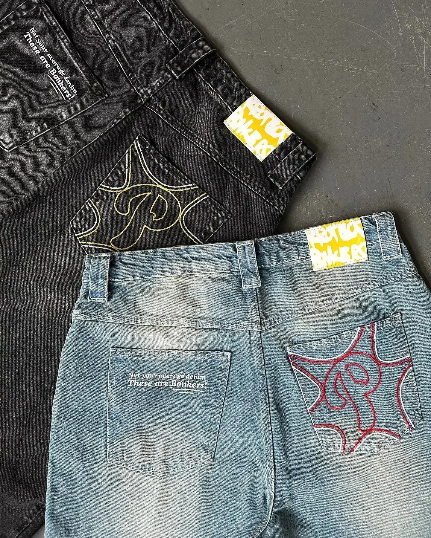 PROTECT Streetwear Jeans Y2K mens Jeans Harajuku Hip Hop Letter Embroidery Vintage Blue Baggy Pants High Waist Wide Leg Trouser