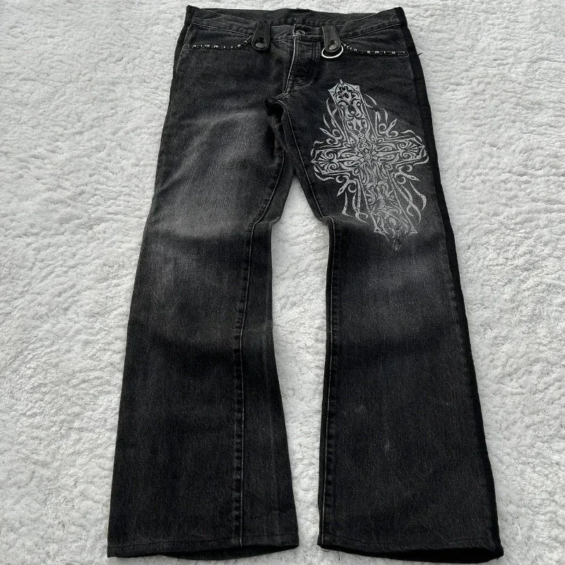 Y2K Black Washed Denim Pants Vintage Cross Leather Detail Micro Flared Jeans Punk High Street Western Cowboy Unisex Streetwear