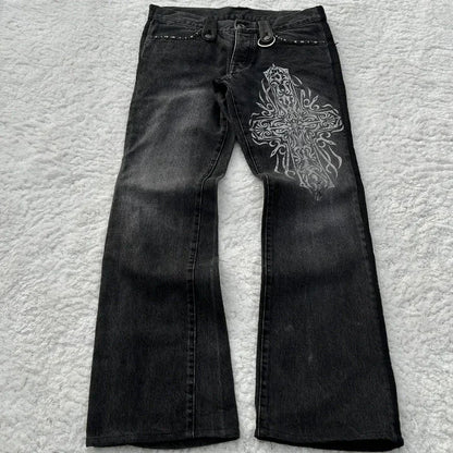 Y2K Black Washed Denim Pants Vintage Cross Leather Detail Micro Flared Jeans Punk High Street Western Cowboy Unisex Streetwear