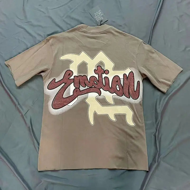 2025 Mixed Emotion Letter Rhinestone Short Sleeve Men Tshirts Streetwear Cotton Loose Crew Neck Top Tees Oversized