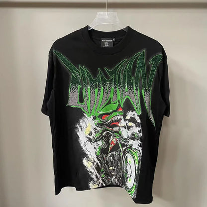 2025 Mixed Emotion Letter Rhinestone Short Sleeve Men Tshirts Streetwear Cotton Loose Crew Neck Top Tees Oversized