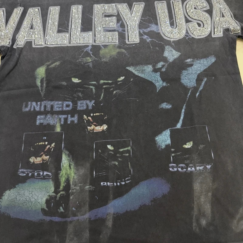 25SS Summer New VALLEY T-shirt Hip Hop Rock Singer Portrait Print Hot Drill Letter Retro Short Sleeve Vale Top Tee Men Women
