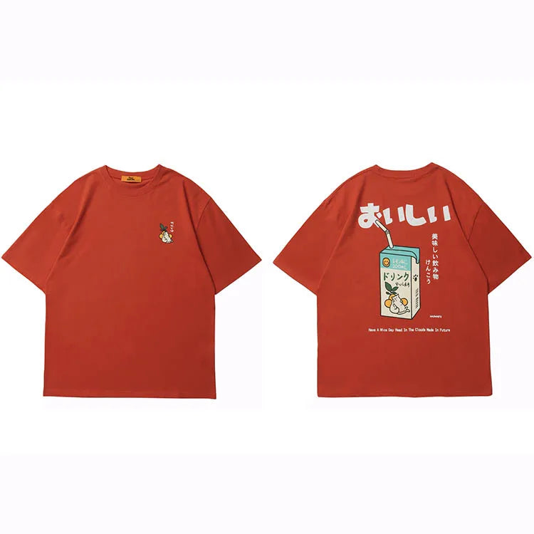 Hip Hop Tshirt 2025 Men Japanese Kanji Letter Drink Print Embroidery T Shirt Streetwear Harajuku Summer Short Sleeve T-Shirt