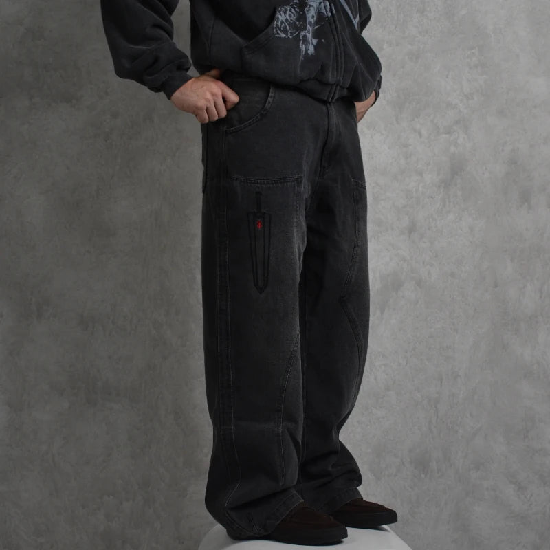 Berserk jeans fashionable Y2K baggy men pants American style distressed washed streetwear Harajuku Gothic embroidery floor pants
