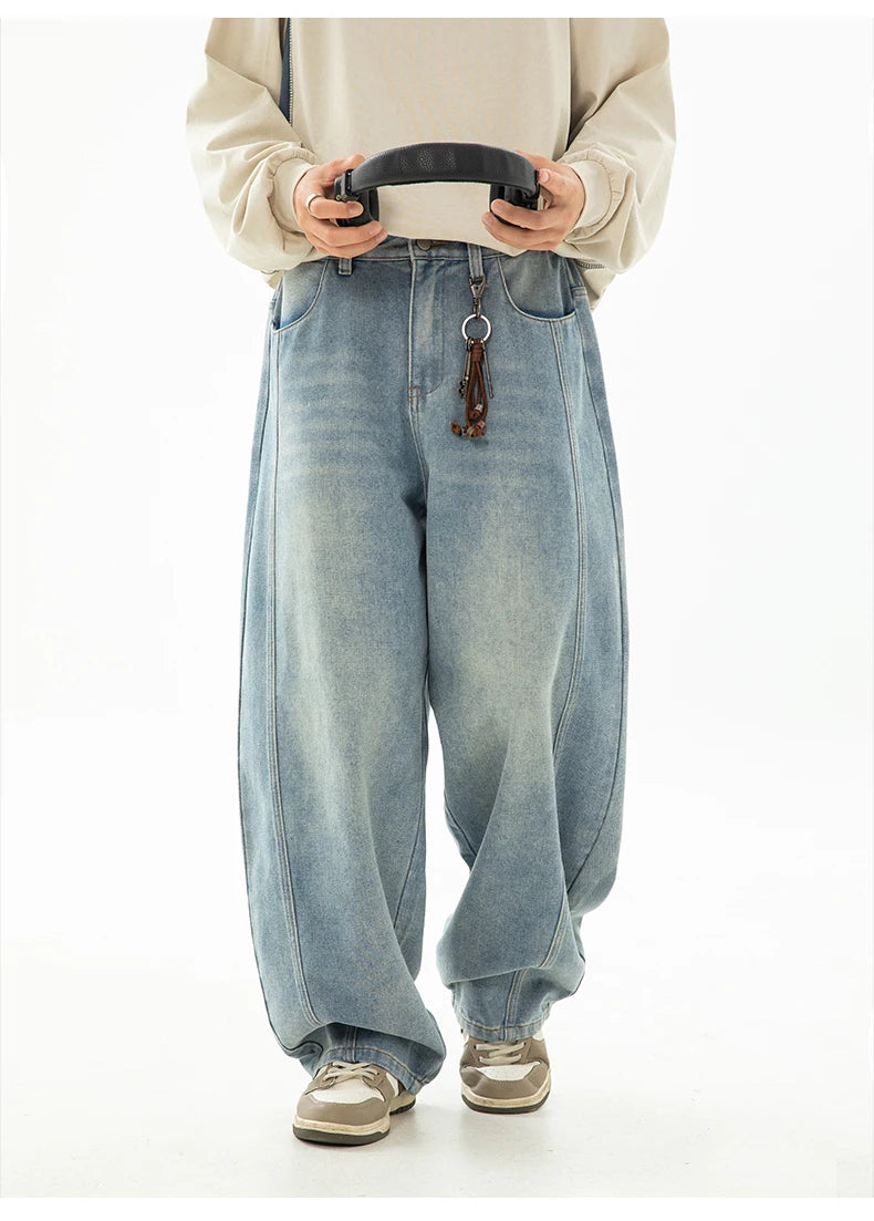 HANLU 2025 Spring New! Men's Retro Washed Oversized Jeans, Split Structure Curved Trousers from Trendy Brand, Loose and Stylish