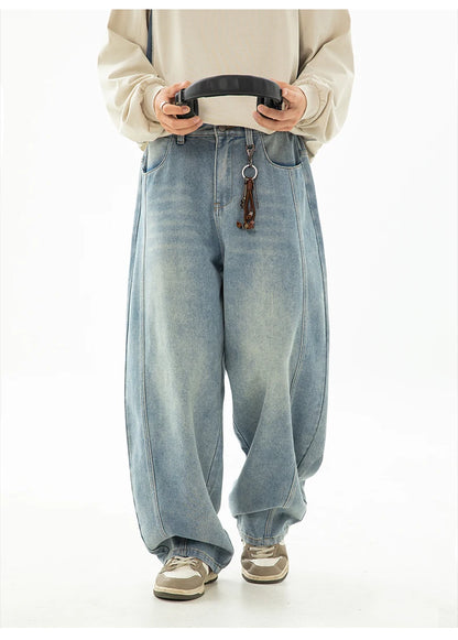 HANLU 2025 Spring New! Men's Retro Washed Oversized Jeans, Split Structure Curved Trousers from Trendy Brand, Loose and Stylish
