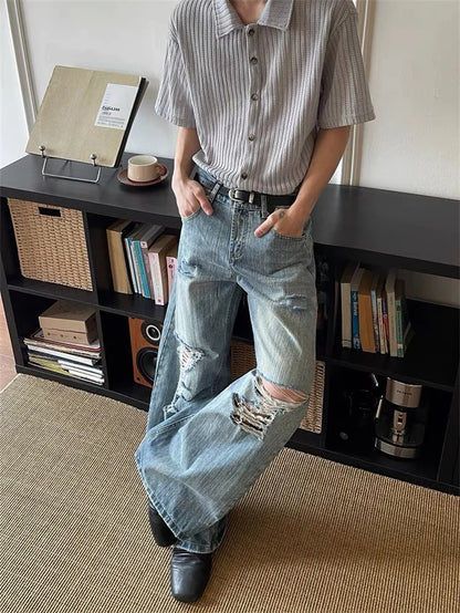 2025 American High Street Men's Ripped Jeans Y2K Vintage Straight Baggy Denim Pantalones Hombre Hip Hop Fashion Distressed Jean