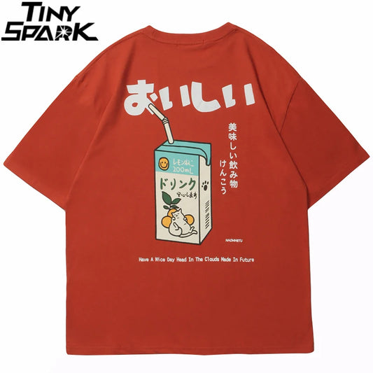 Hip Hop Tshirt 2025 Men Japanese Kanji Letter Drink Print Embroidery T Shirt Streetwear Harajuku Summer Short Sleeve T-Shirt