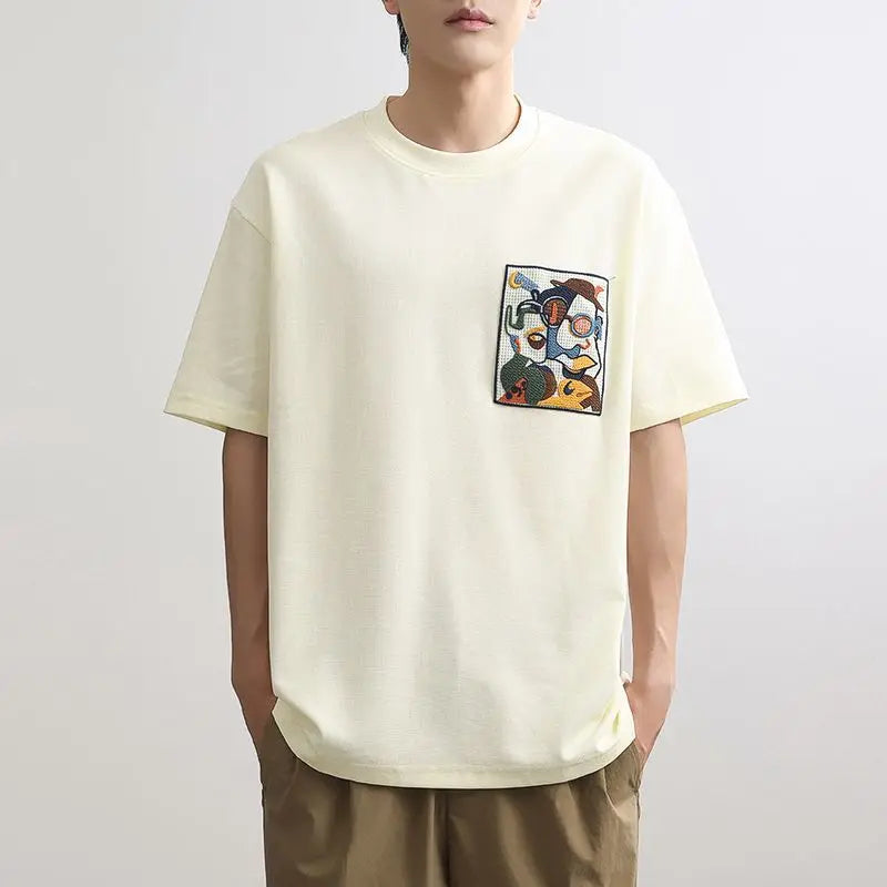 Men's T-shirt O Neck Loose Embroidery Male Tees Shirts Streetwear Aesthetic Clothing Vintage Party Wholesale Cheap Clothes Tops