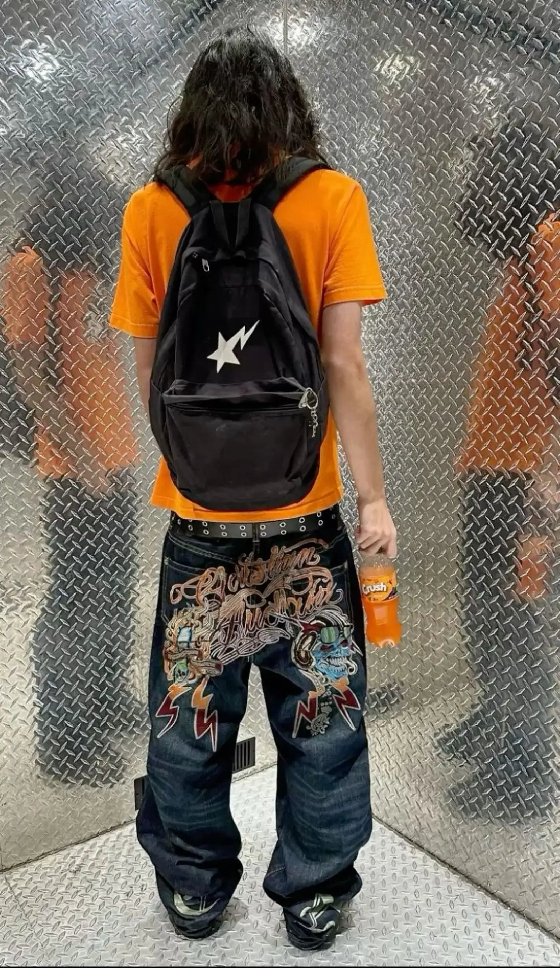 Vintage 2000s Lightning Skull Jeans Man Casual Denim Goth Pants Wide Leg Jeans Harajuku Y2k American High Street Men Clothing