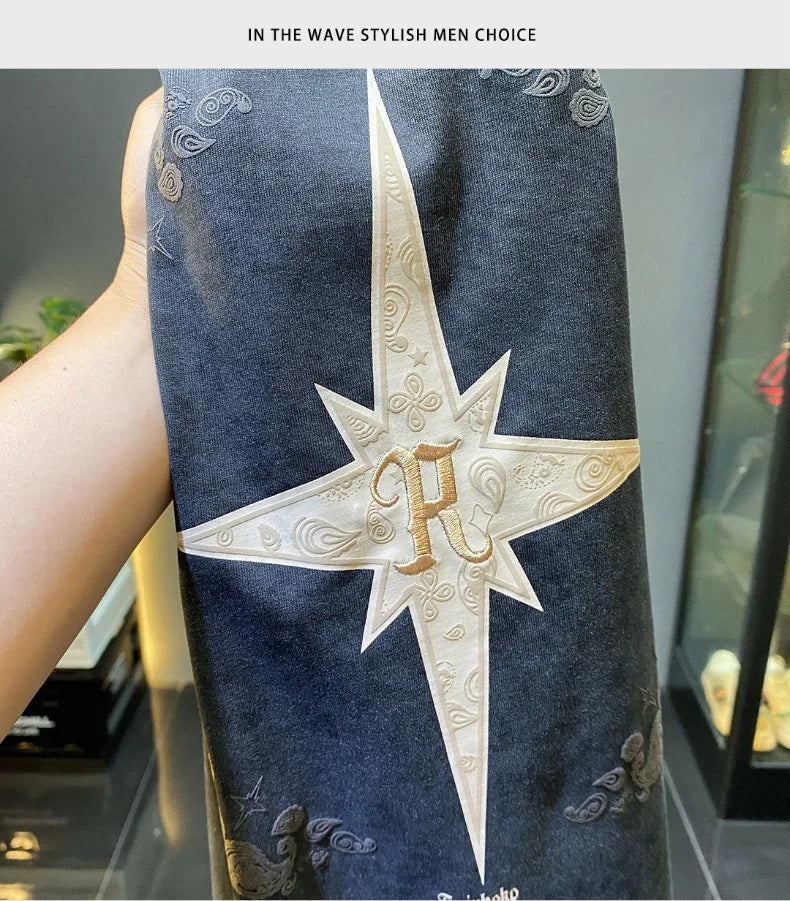 2024Summer new light luxurytt-shirt men's short-sleeved fashionable embroidered high-end loose large size casual high-density ha