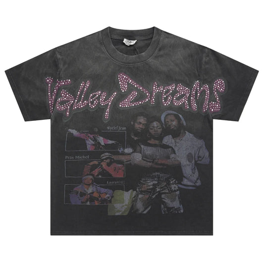 25SS Summer New VALLEY T-shirt Hip Hop Rock Singer Portrait Print Hot Drill Letter Retro Short Sleeve Vale Top Tee Men Women