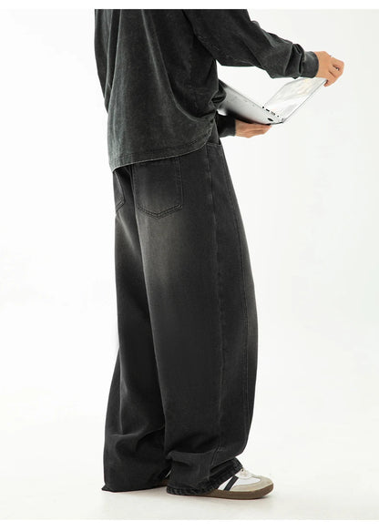 HANLU 2025 Spring New! Men's Retro Washed Oversized Jeans, Split Structure Curved Trousers from Trendy Brand, Loose and Stylish