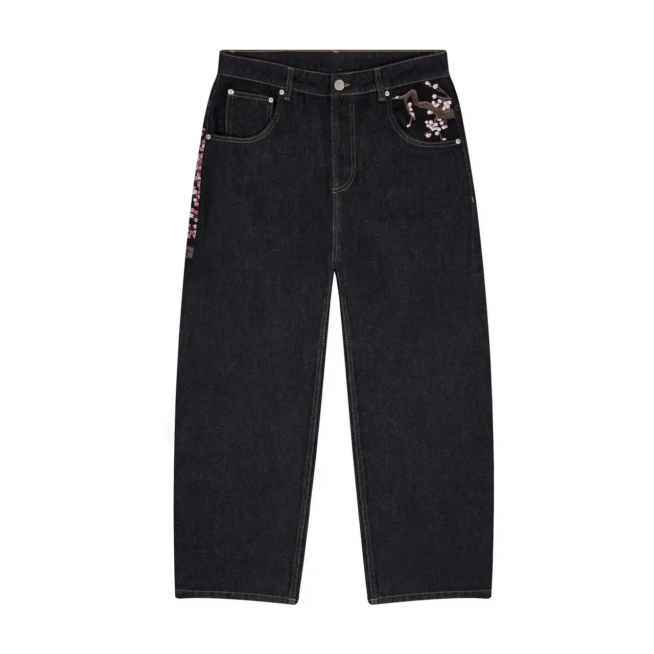 Y2K Baggy jeans Cherry Blossom Selvedge Embroidery Denim Pants men women denim fabric American Hiphop Streetwear Wide Leg Jeans
