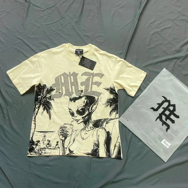2025 Mixed Emotion Letter Rhinestone Short Sleeve Men Tshirts Streetwear Cotton Loose Crew Neck Top Tees Oversized