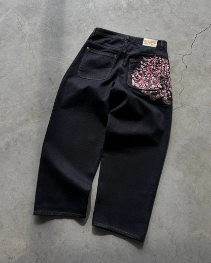 Y2K Baggy jeans Cherry Blossom Selvedge Embroidery Denim Pants men women denim fabric American Hiphop Streetwear Wide Leg Jeans