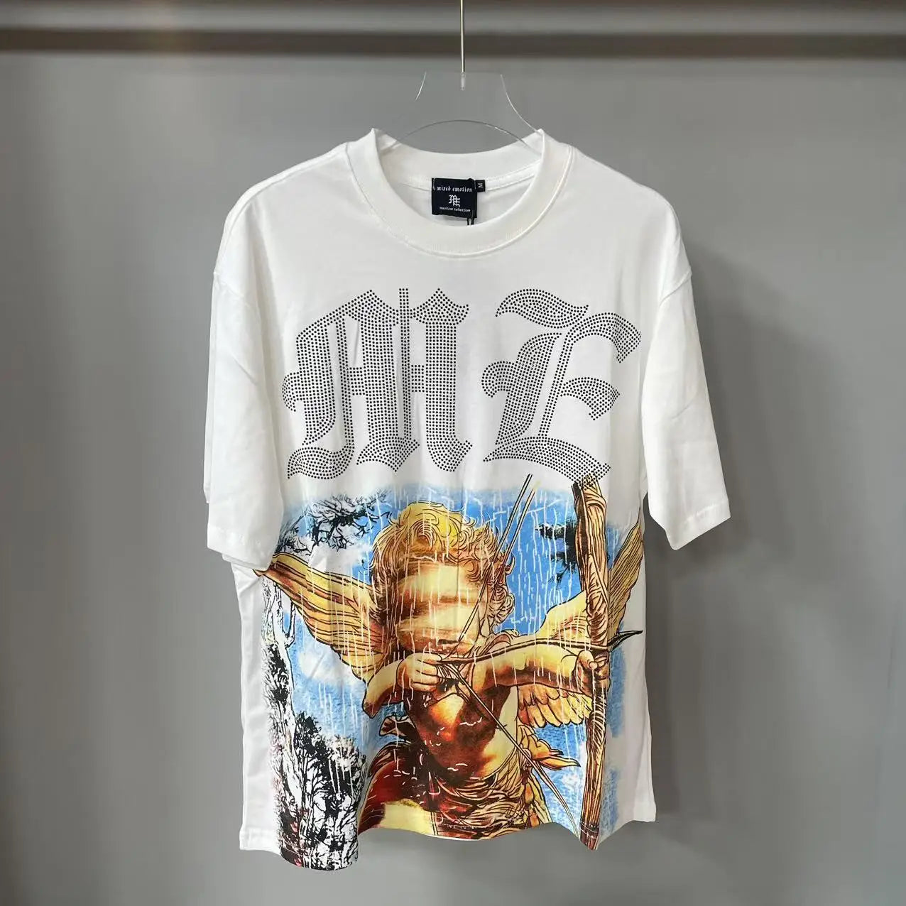 2025 Mixed Emotion Letter Rhinestone Short Sleeve Men Tshirts Streetwear Cotton Loose Crew Neck Top Tees Oversized