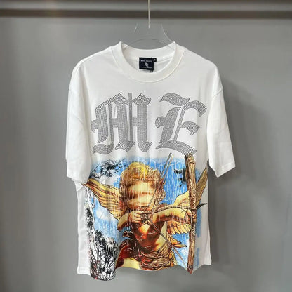 2025 Mixed Emotion Letter Rhinestone Short Sleeve Men Tshirts Streetwear Cotton Loose Crew Neck Top Tees Oversized