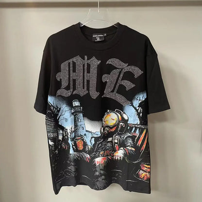 2025 Mixed Emotion Letter Rhinestone Short Sleeve Men Tshirts Streetwear Cotton Loose Crew Neck Top Tees Oversized