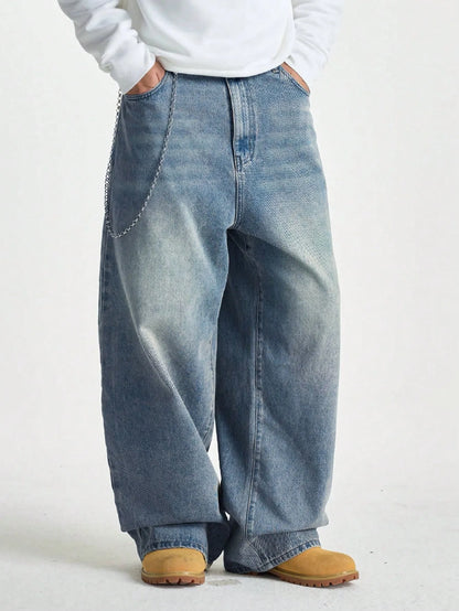 1Pc Men's Wide Pants Brushed Jeans Wide Jeans Y2K New Rocks Jeans Buggy Black Hip-Hop Pants