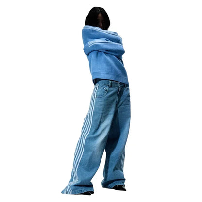 New Y2K Jeans Baggy High Quality Embroidered Striped Harajuku Sweatpants Hip Hop Streetwear  Casual Wide Leg Denim Pants Aura