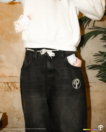 PROTECT Streetwear Jeans Y2K mens Jeans Harajuku Hip Hop Letter Embroidery Vintage Blue Baggy Pants High Waist Wide Leg Trouser