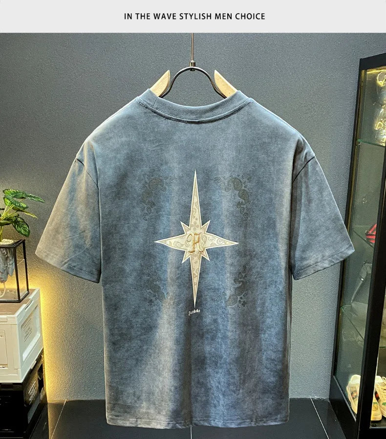 2024Summer new light luxurytt-shirt men's short-sleeved fashionable embroidered high-end loose large size casual high-density ha