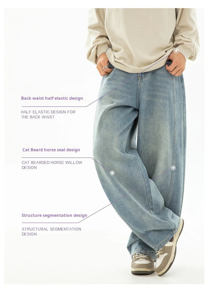 HANLU 2025 Spring New! Men's Retro Washed Oversized Jeans, Split Structure Curved Trousers from Trendy Brand, Loose and Stylish