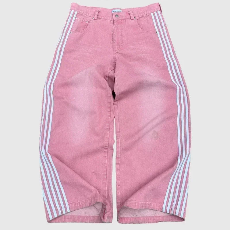 New Y2K Jeans Baggy High Quality Embroidered Striped Harajuku Sweatpants Hip Hop Streetwear  Casual Wide Leg Denim Pants Aura