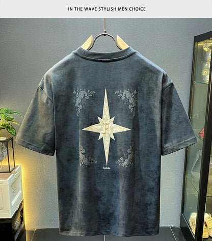 2024Summer new light luxurytt-shirt men's short-sleeved fashionable embroidered high-end loose large size casual high-density ha