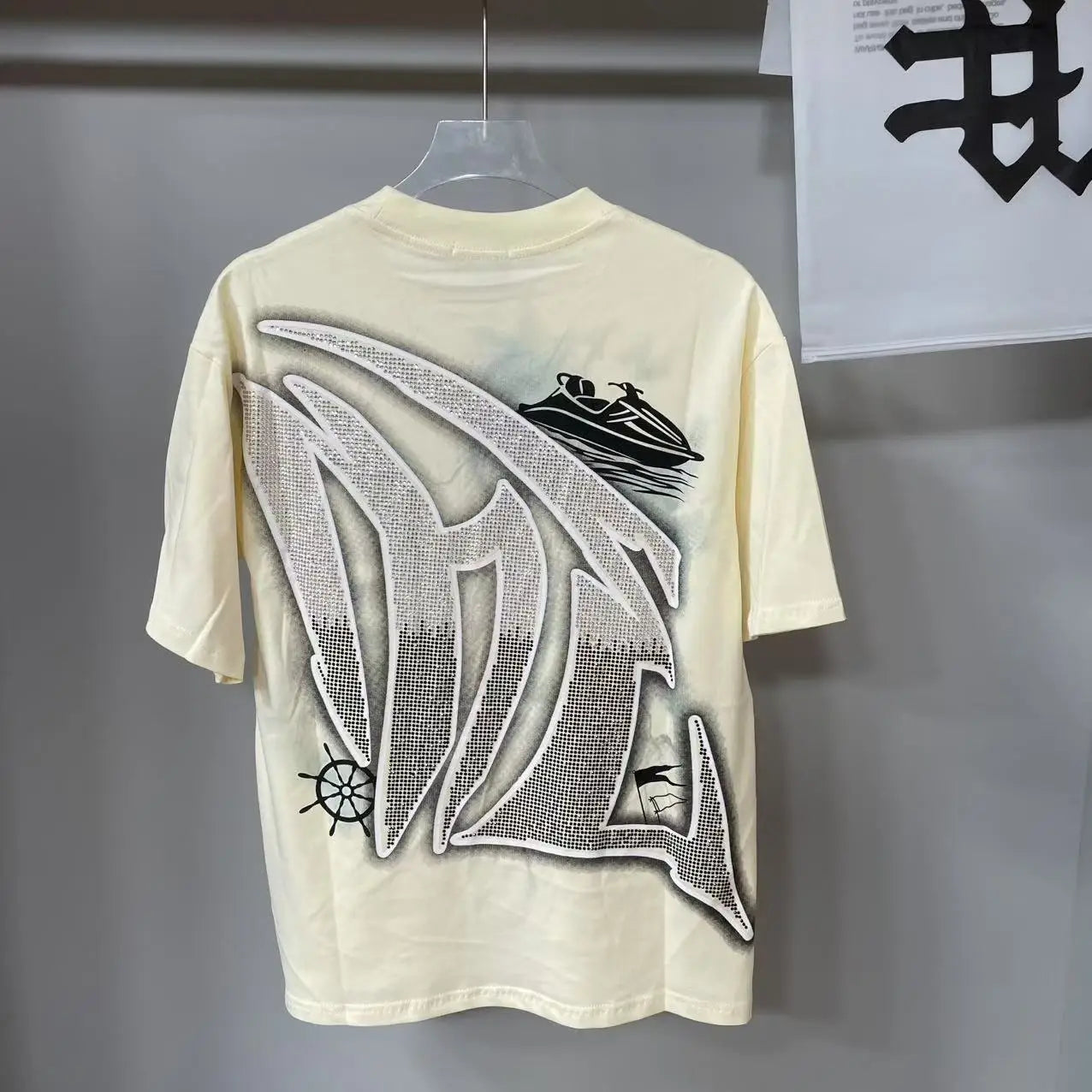 2025 Mixed Emotion Letter Rhinestone Short Sleeve Men Tshirts Streetwear Cotton Loose Crew Neck Top Tees Oversized