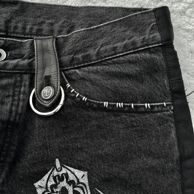 Y2K Black Washed Denim Pants Vintage Cross Leather Detail Micro Flared Jeans Punk High Street Western Cowboy Unisex Streetwear