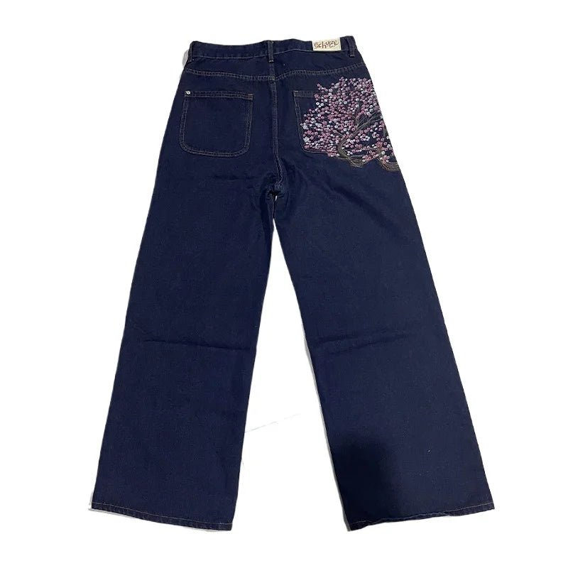 Y2K Baggy jeans Cherry Blossom Selvedge Embroidery Denim Pants men women denim fabric American Hiphop Streetwear Wide Leg Jeans