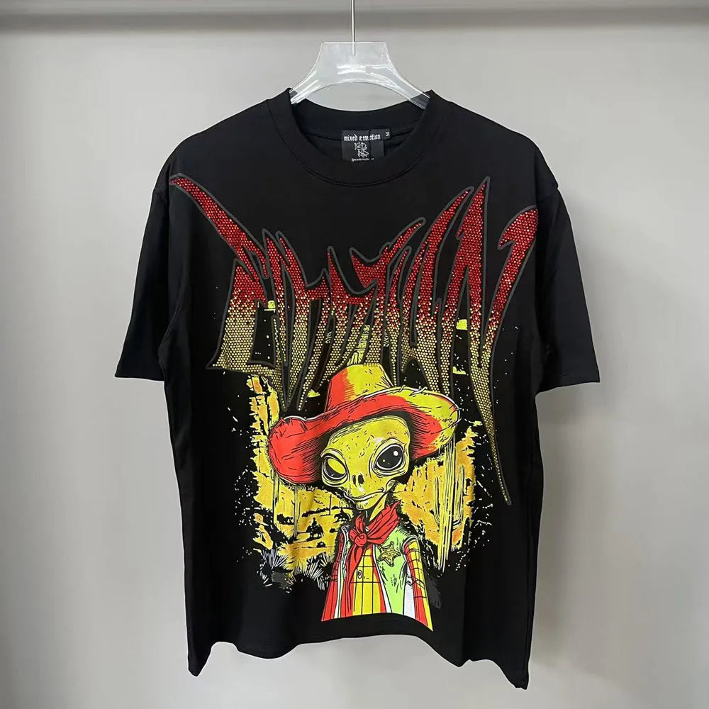 2025 Mixed Emotion Letter Rhinestone Short Sleeve Men Tshirts Streetwear Cotton Loose Crew Neck Top Tees Oversized