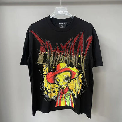 2025 Mixed Emotion Letter Rhinestone Short Sleeve Men Tshirts Streetwear Cotton Loose Crew Neck Top Tees Oversized