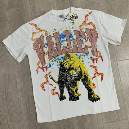 25SS Summer New VALLEY T-shirt Hip Hop Rock Singer Portrait Print Hot Drill Letter Retro Short Sleeve Vale Top Tee Men Women