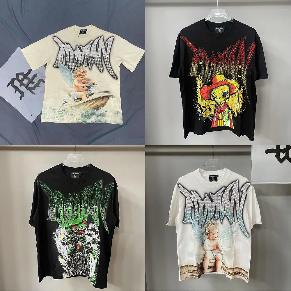 2025 Mixed Emotion Letter Rhinestone Short Sleeve Men Tshirts Streetwear Cotton Loose Crew Neck Top Tees Oversized